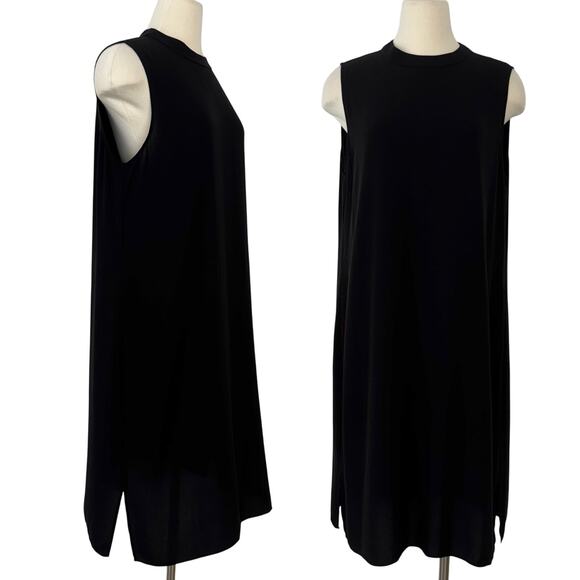 Eileen Fisher Silk Georgette Crepe High Neck Dress Sleeveless in Black L NWT - Picture 1 of 11